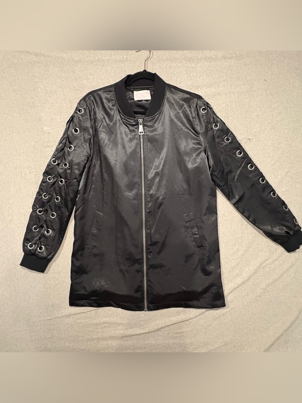 Love Tree Black Lace-Up Sleeve Bomber Jacket.